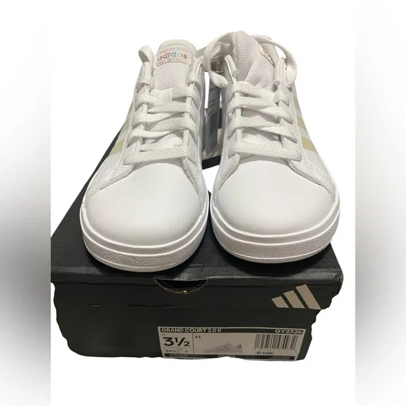 🌟🌟🌼NIB Adidas GRAND COURT 2.0 K. White Shoes with Iridescent Accents - Picture 8 of 12